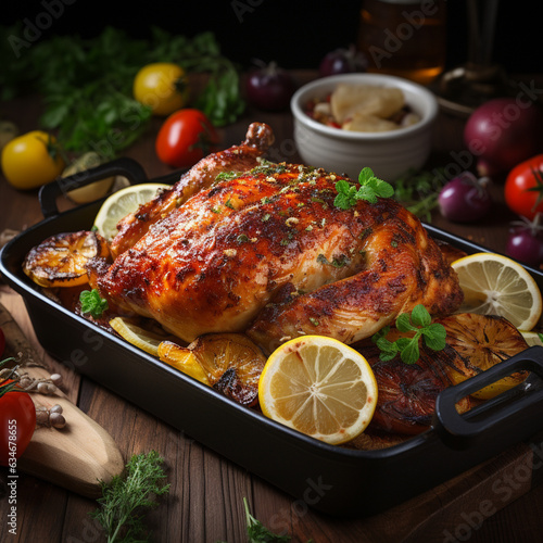 Homemade baked chicken with lemon on wooden background, made by ai