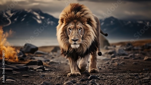 Lion Known Walking in the Grass at Sunrise.