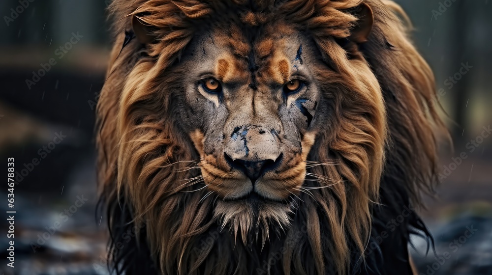 Portrait of Lion with scars on face looking at camera.