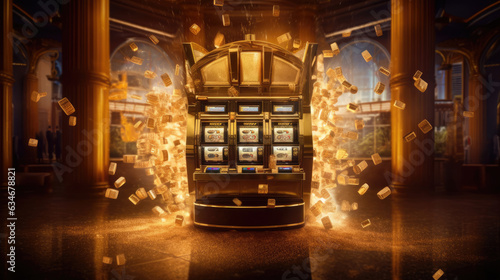 The slot machine hits the jackpot, with gold coins splattering