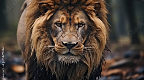 Portrait of Lion with scars on face looking at camera.