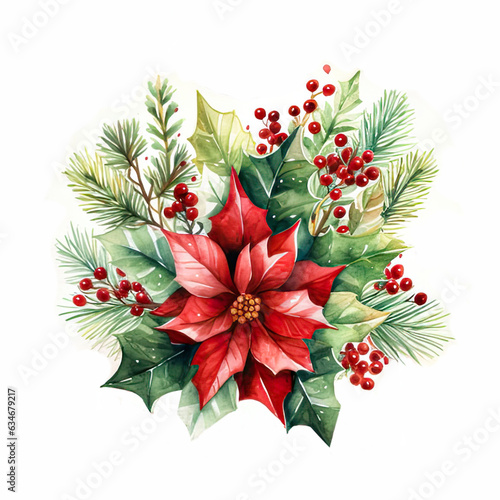 Christmas decor composition with red puasentia flower and fir branch watercolor illustration isolated on white background