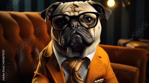 Business dog, Pug with glasses wearing an orange suit and tie.