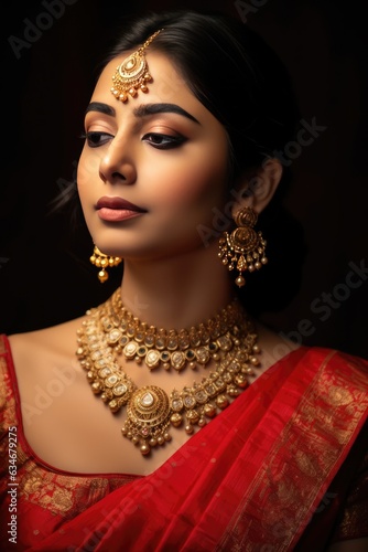 Elegant Indian woman adorned with traditional gold jewelry. A fictional character created by Generated AI