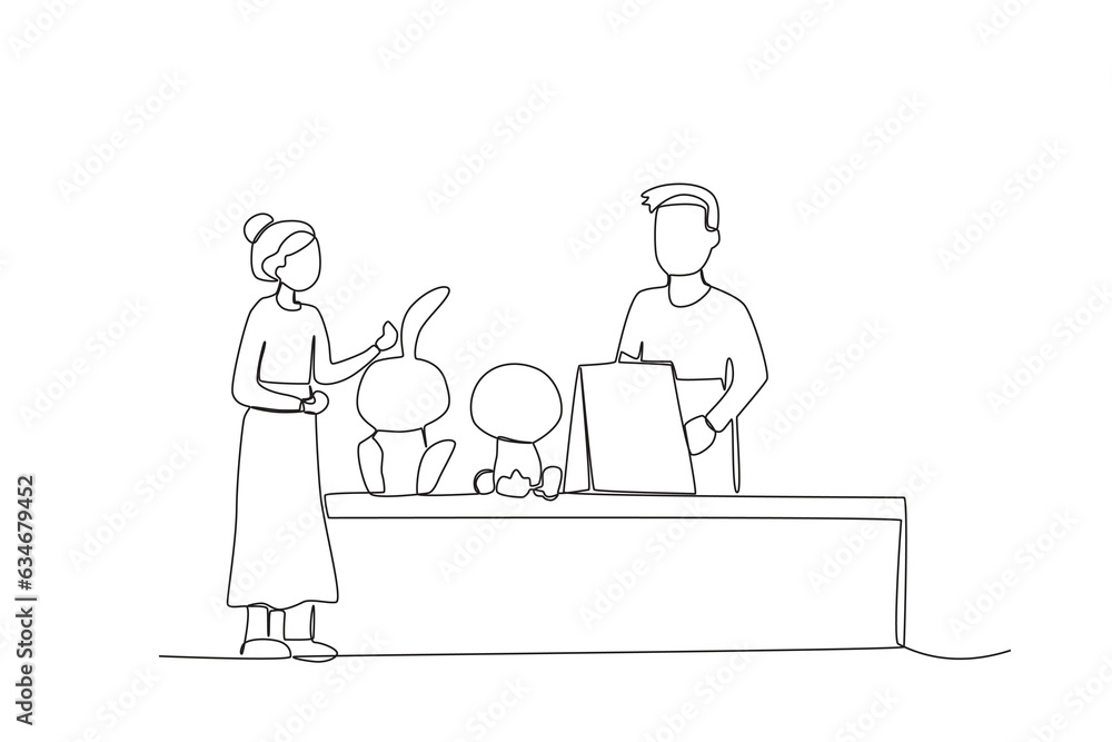 Continuous one line drawing of a doll seller serving customers at a traditional market
