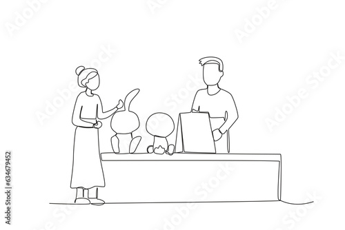 Continuous one line drawing of a doll seller serving customers at a traditional market
