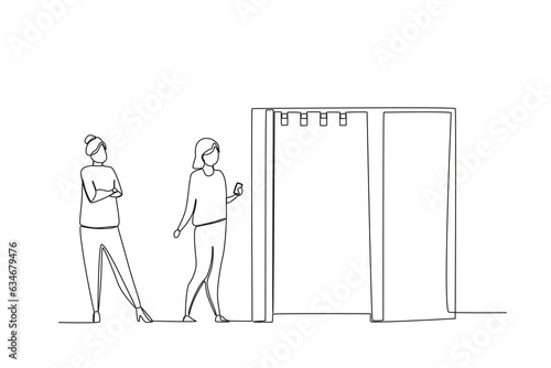 A continuous line drawing of customers queuing to use the changing rooms in a modern marketplace.
