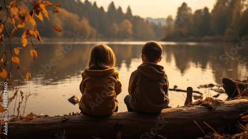 Two children sitting looking at the river in autumn.