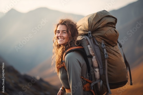 Side view happy young traveler woman carrying backpack. Mountains background