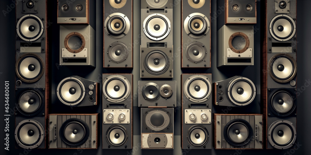 Music speakers on the wall background.   - obrazy, fototapety, plakaty 