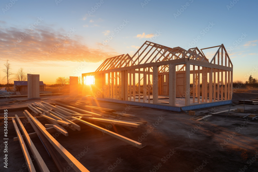 assembly of the wooden frames beams and trusses. Generative AI assembly of the wooden frames beams and trusses. Generative AI