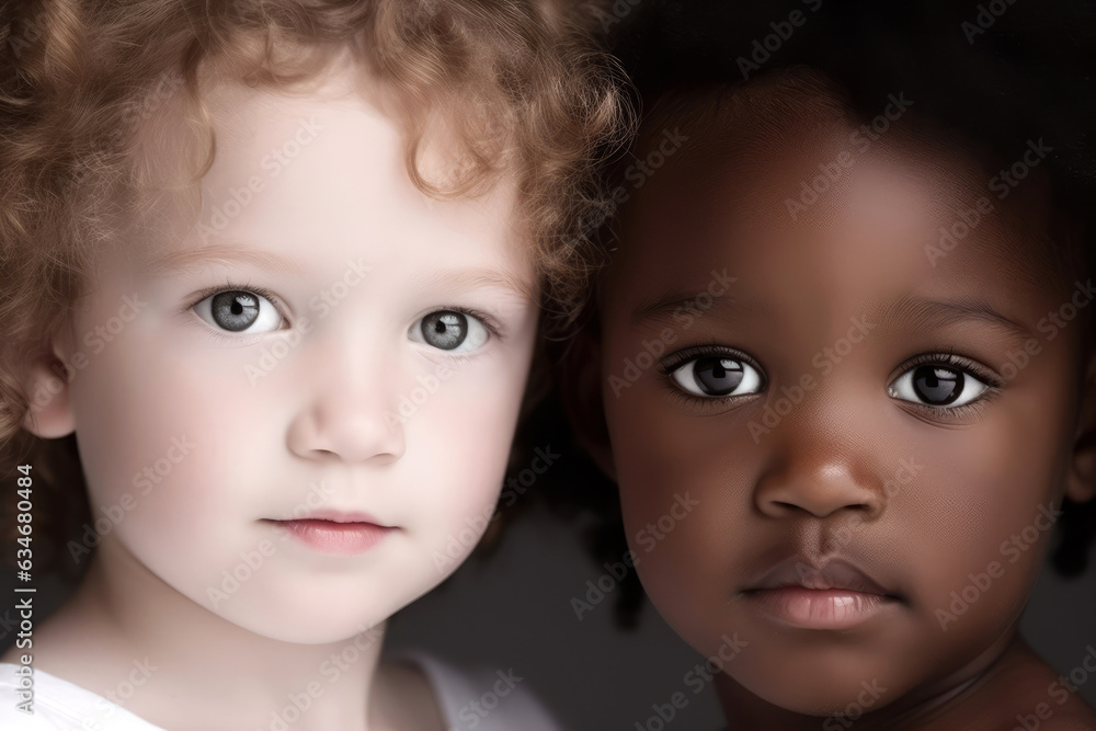 Closeup portrait of an african and european child together Closeup portrait of an african and european child together