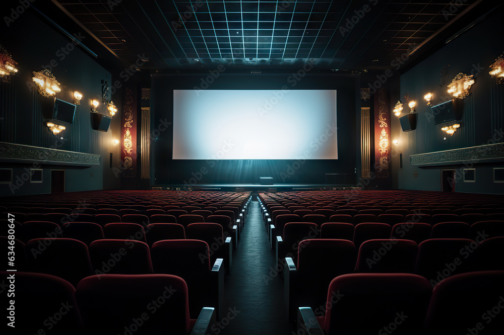 Cinema Auditorium. Blank Canvas of Entertainment with Empty Curtains and White Screen. created with Generative AI Cinema Auditorium. Blank Canvas of Entertainment with Empty Curtains and White Screen. created with Generative AI
