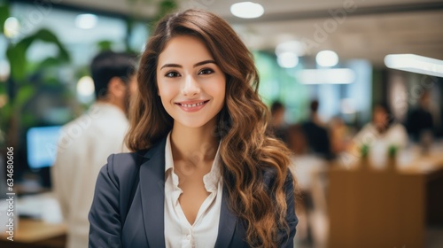 A smart businesswoman is working in her office with staff. 