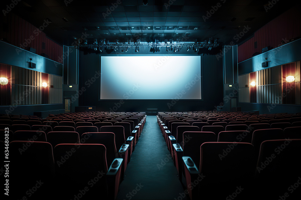 Cinema Auditorium. Blank Canvas of Entertainment with Empty Curtains and White Screen. created with Generative AI Cinema Auditorium. Blank Canvas of Entertainment with Empty Curtains and White Screen. created with Generative AI