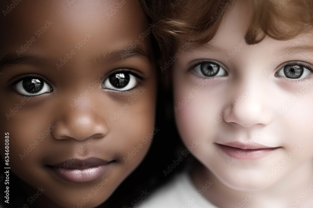 Closeup portrait of an african and european child together Closeup portrait of an african and european child together