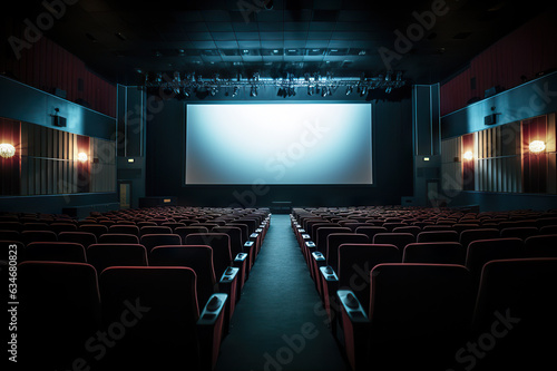 Cinema Auditorium. Blank Canvas of Entertainment with Empty Curtains and White Screen. created with Generative AI