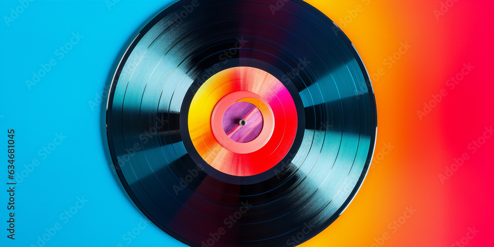 top flatlay view of a clean vinyl record on a vibrant background. Generative AI top flatlay view of a clean vinyl record on a vibrant background. Generative AI