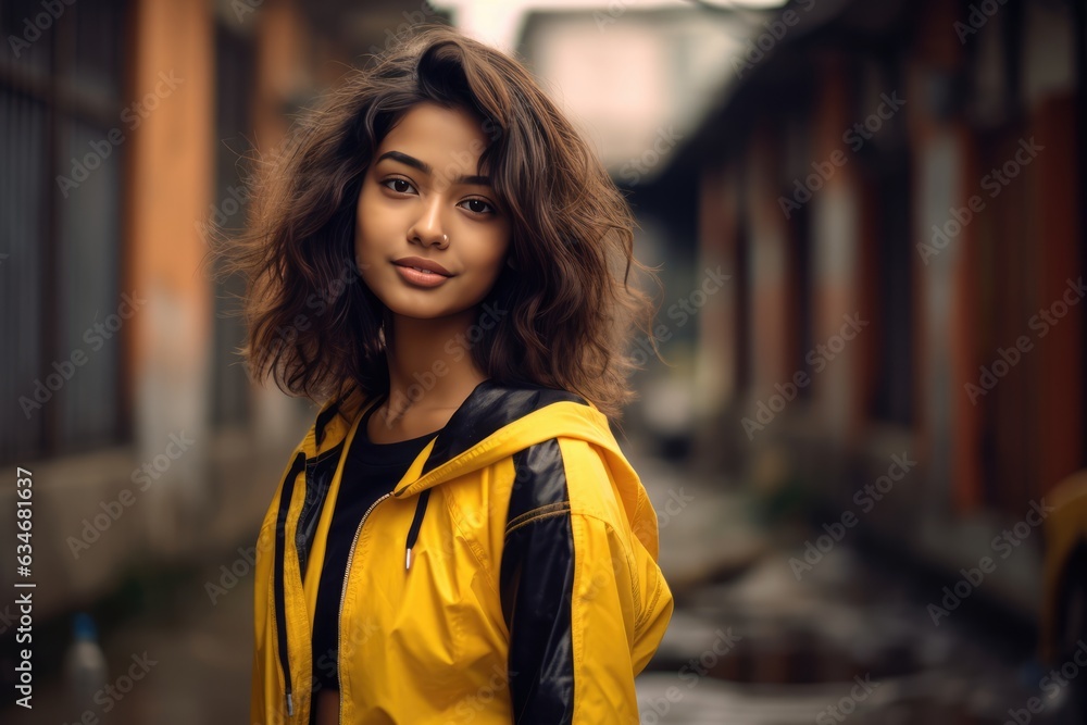 Beautiful woman with curly hair wearing a yellow jacket. A fictional character created by Generated AI Beautiful woman with curly hair wearing a yellow jacket. A fictional character created by Generated AI
