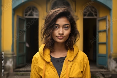 A woman in a yellow jacket posing in front of a doorway. A fictional character created by Generated AI