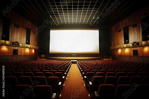 Cinema Auditorium. Blank Canvas of Entertainment with Empty Curtains and White Screen. created with Generative AI © photobuay
