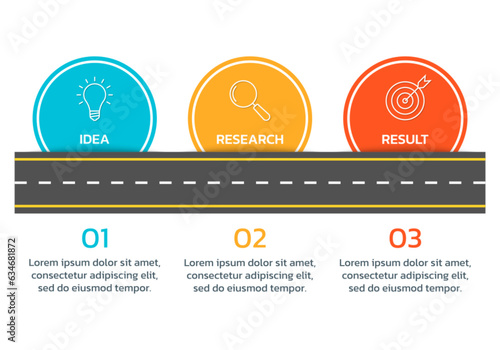 Road infographic. 3 step, option road map info graphic design. Timeline, presentation, business process template with modern icons. Vector illustration.  