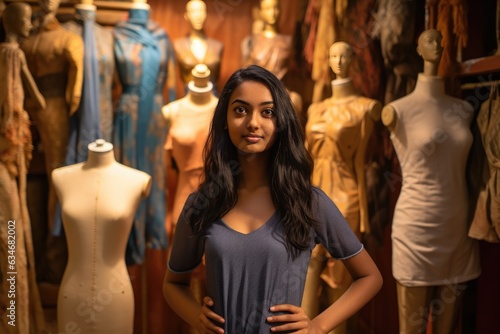 A woman posing in a clothing store filled with mannequins and racks of clothes. A fictional character created by Generated AI