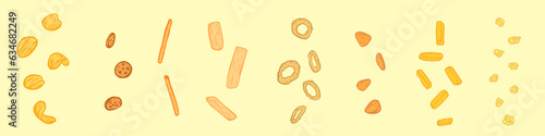 Set snacks elements in hand drawn vintage style. Potato chips, crackers, bread sticks, onion rings, nachos, popcorn, french fries, cookies. Color vector illustration.
