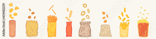 Set snacks packages with flying elements in hand drawn vintage style. Potato chips, crackers, bread sticks, onion rings, nachos, popcorn, french fries, cookies. Color vector illustration.