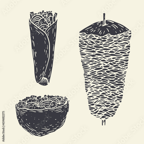 Set kebab in vintage hand drawn style. Cartoon sketch delicious fast food. Engraving graphic design for menu, banner, cover. Vector retro illustration.
