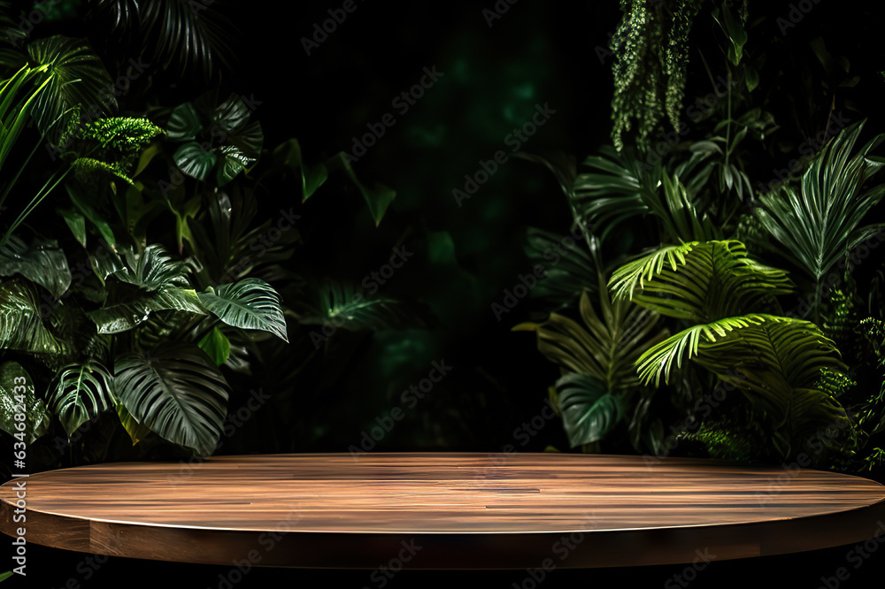 Tropical Elegance Empty Round Wooden Table with Lush Leaves on Dark Background for Product Display. created with Generative AI Tropical Elegance Empty Round Wooden Table with Lush Leaves on Dark Background for Product Display. created with Generative AI