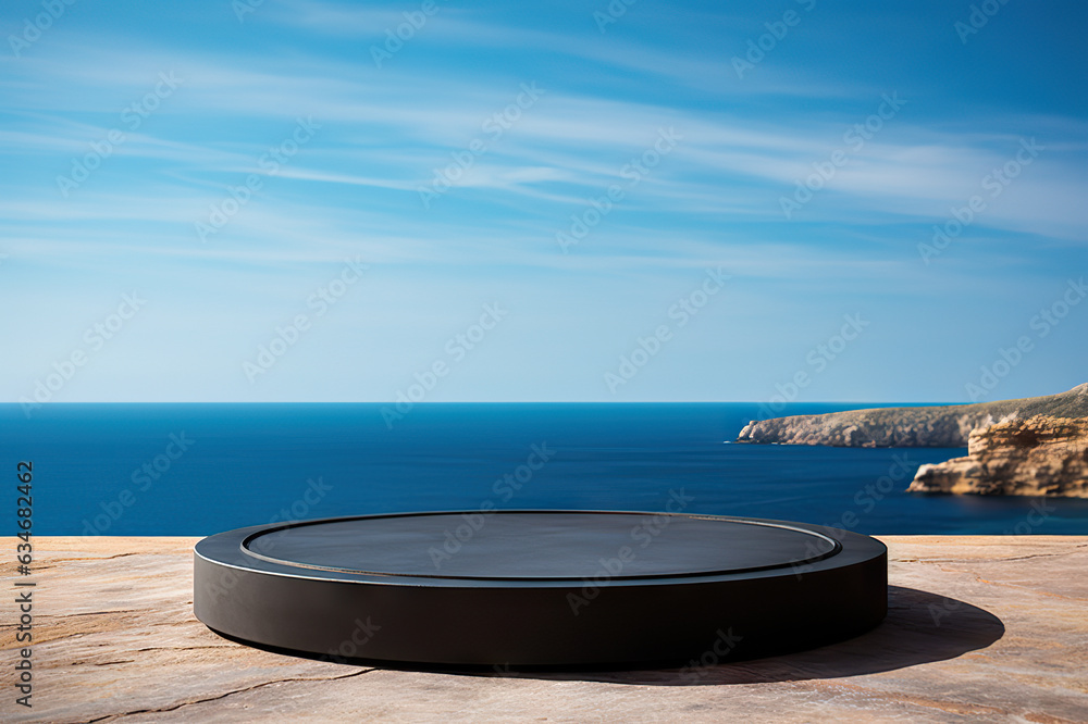 Empty Round Black Podium on Stone Platform with Serene Sea and Blue Sky Background for Product Display.. created with Generative AI