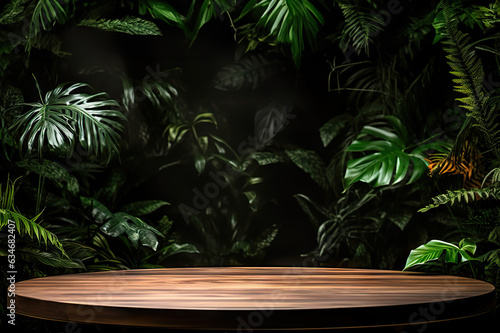 Tropical Elegance Empty Round Wooden Table with Lush Leaves on Dark Background for Product Display. created with Generative AI