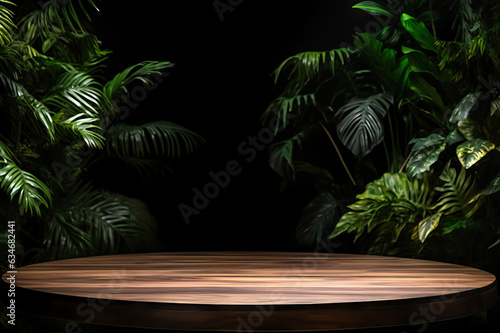 Tropical Elegance Empty Round Wooden Table with Lush Leaves on Dark Background for Product Display. created with Generative AI