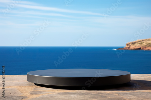 Empty Round Black Podium on Stone Platform with Serene Sea and Blue Sky Background for Product Display.. created with Generative AI