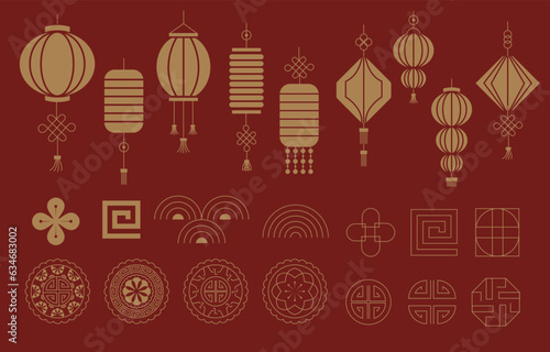 Gold red Chinese New Year element with lantern,pattern,moon cake outline