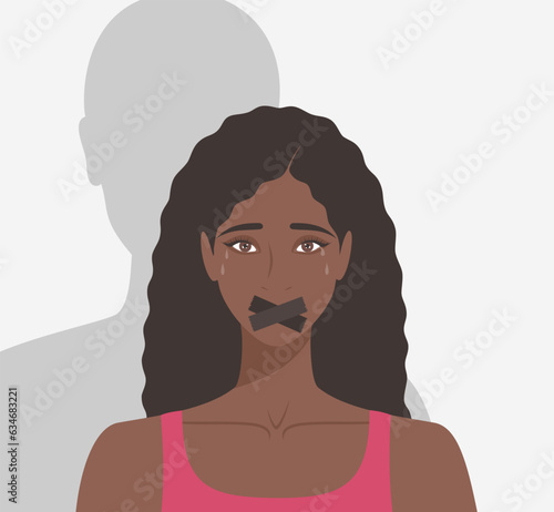 Crying black woman with taped mouth and male shadow behind. Flat vector illustration