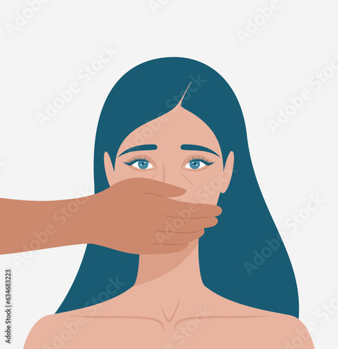 Male hand covering the mouth of a scared white woman. Flat vector illustration