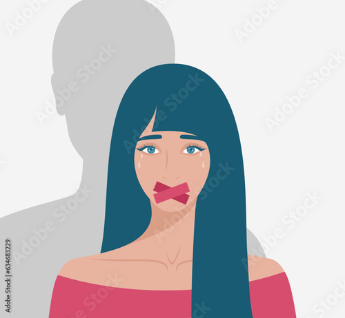 Crying white woman with taped mouth and male shadow behind. Flat vector illustration