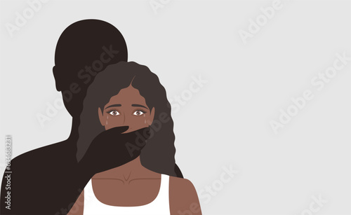 Dark male silhouette covering with his hand the mouth of a scared crying black woman, copy space. Flat vector illustration
