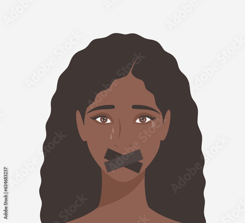 Crying black woman with taped mouth. Flat vector illustration