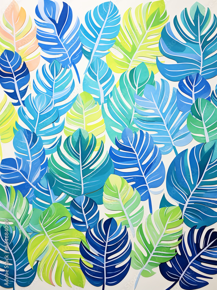 Seamless background with leaves, drawn abstract monstera pattern in small size, green, yellow and blue colors Seamless background with leaves, drawn abstract monstera pattern in small size, green, yellow and blue colors