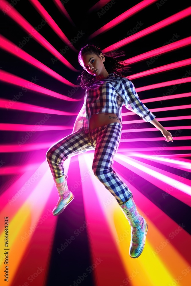 Energetic girl dancing in a neon-lit studio. A fictional character created by Generated AI Energetic girl dancing in a neon-lit studio. A fictional character created by Generated AI