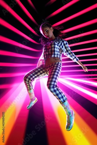 Energetic girl dancing in a neon-lit studio. A fictional character created by Generated AI
