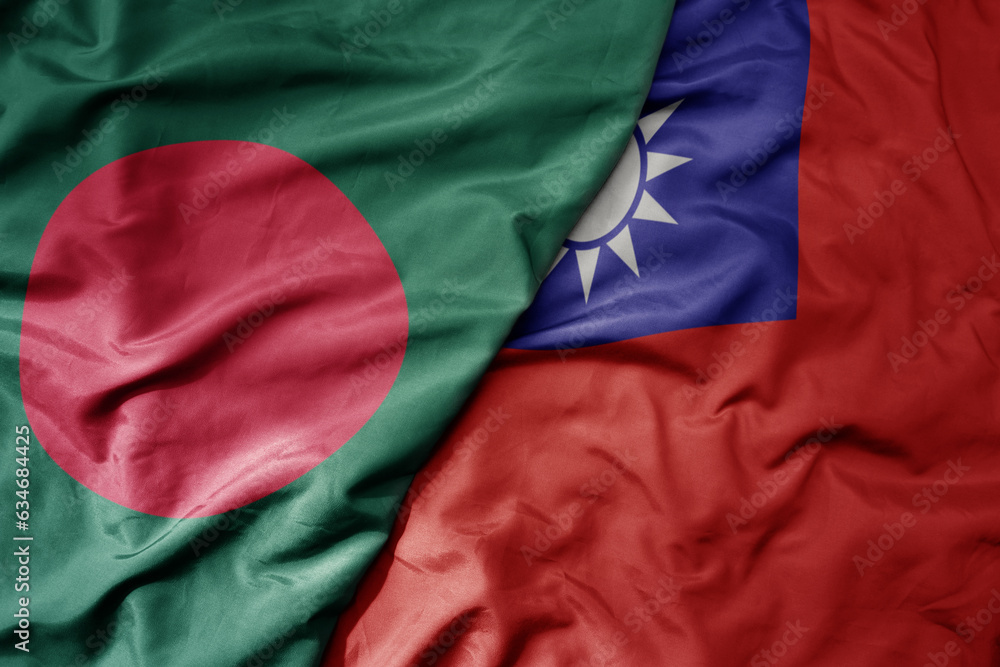 Fototapeta premium big waving realistic national colorful flag of bangladesh and national flag of taiwan .