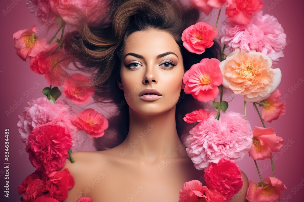 Female beauty surrounded by flowers. A fictional character created by Generated AI Female beauty surrounded by flowers. A fictional character created by Generated AI