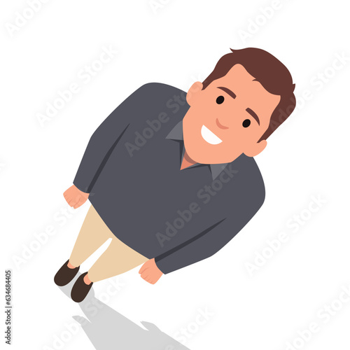 Confident And Positive Man With A Beaming Smile, Standing Tall With Crossed Arms, Gazing Upwards From A Top View. Flat vector illustration isolated on white background