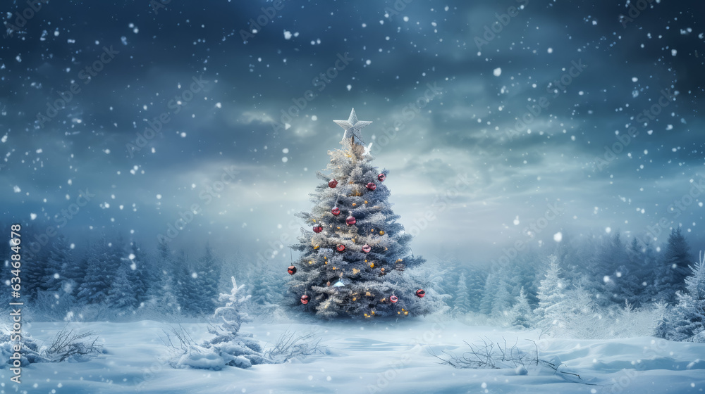Beautiful Christmas tree in winter landscape, illustration. space for text