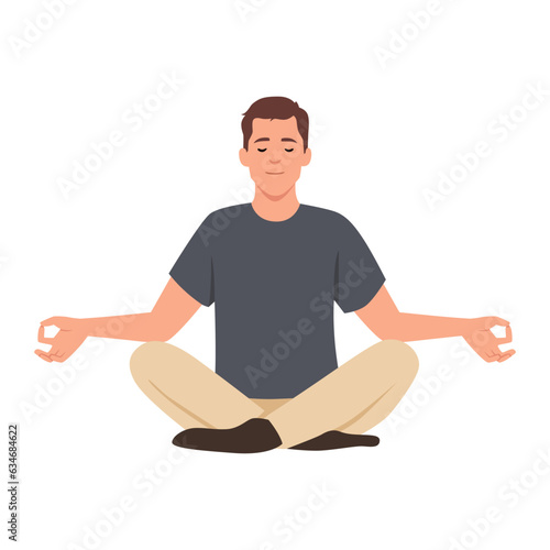 Man doing yoga. Yogi sitting in padmasana lotus pose, meditating, relaxing, calm down and manage stress. Flat vector illustration isolated on white background
