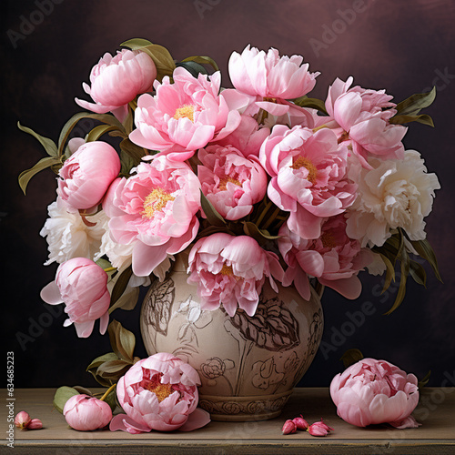 Vase with beautiful peony flowers on table, made by ai © Rashid